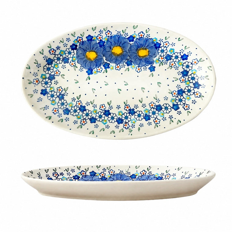 Painted Porcelain Forget-Me-Not Fish Plate, Scalloped 13 Inch, Hand-Painted Dinnerware - product view 1