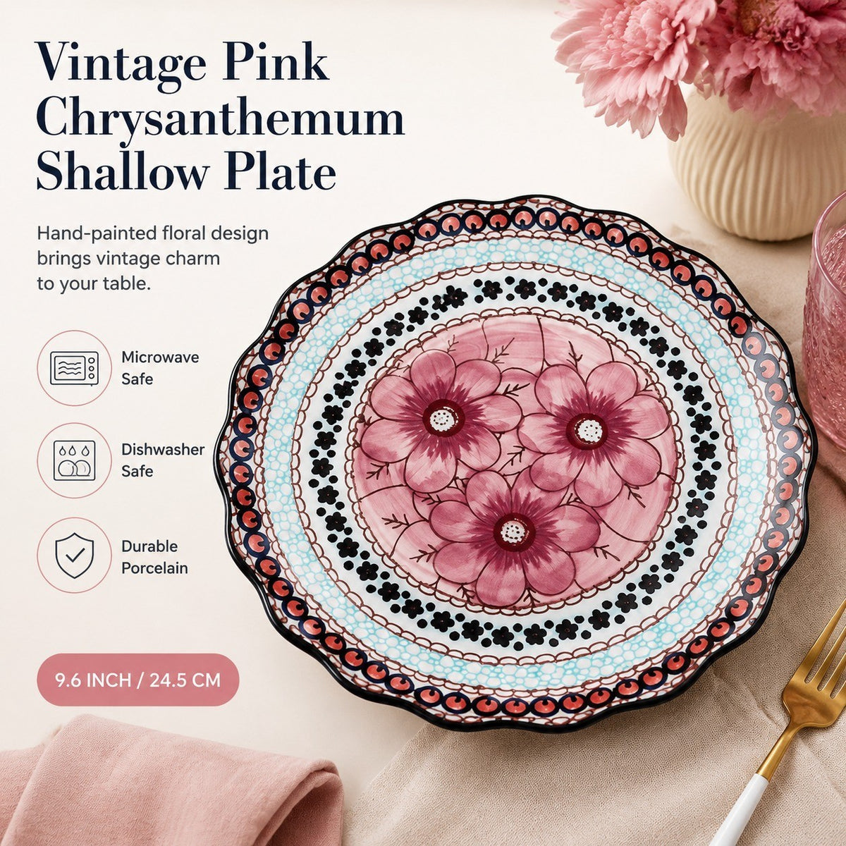 Underglaze Porcelain Floral Shallow Plate, 9.6 Inch - detail 2