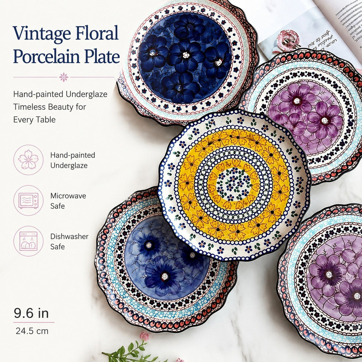 Underglaze Porcelain Floral Shallow Plate, 9.6 Inch - detail 3
