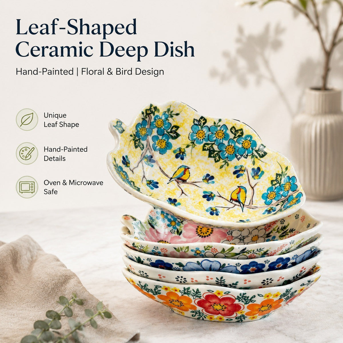 Painted Ceramic Leaf-Shaped Deep Dish, Small - detail 1