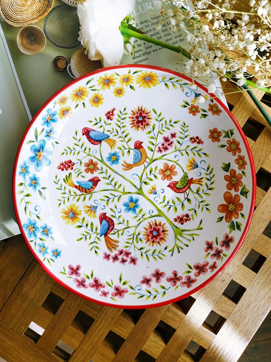Underglaze Pottery Floral Soup Plate, Hand-Painted - detail 3