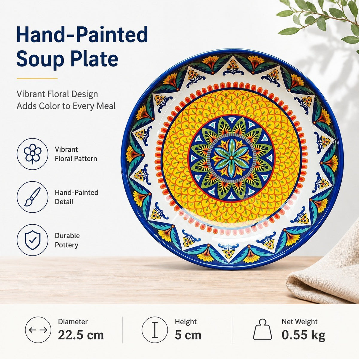 Underglaze Pottery Floral Soup Plate, Hand-Painted - detail 1