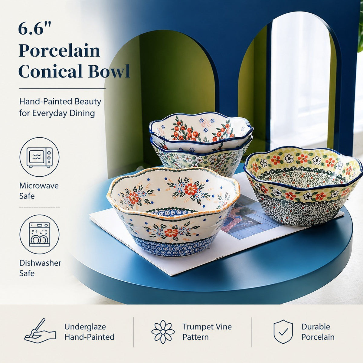 Curved Rim Porcelain Conical Bowl, 6.6 in, Hand-Painted - detail 2