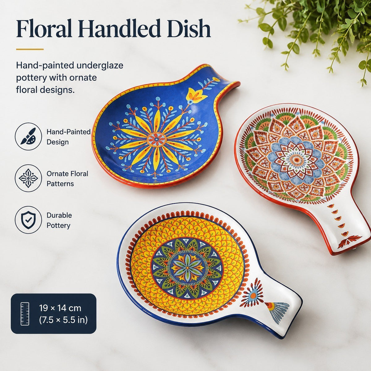 Underglaze Pottery Floral Handled Dish, 19x14 cm - detail 1