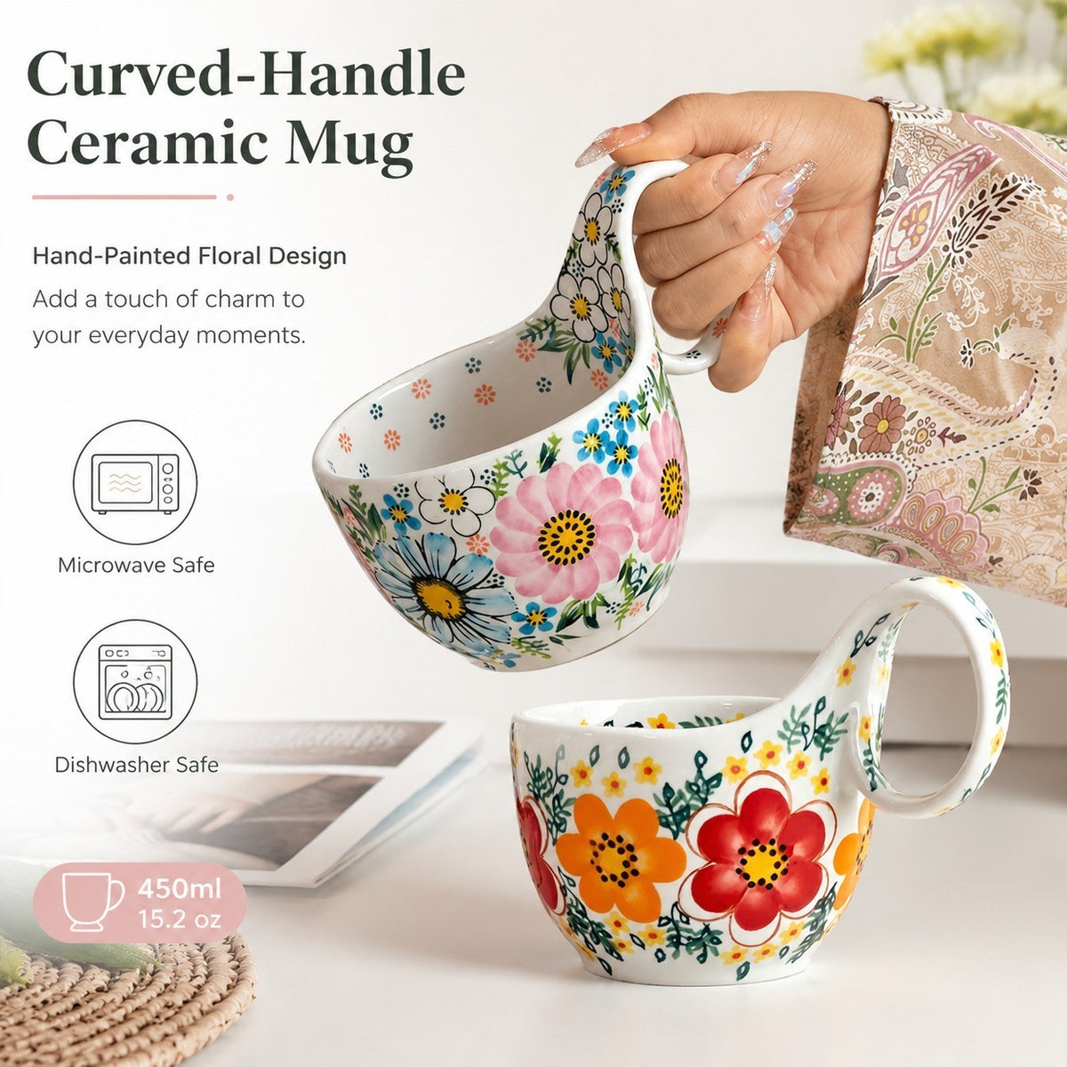 Curved-Handle Ceramic Mug, 450ml, Hand-Painted - detail 3