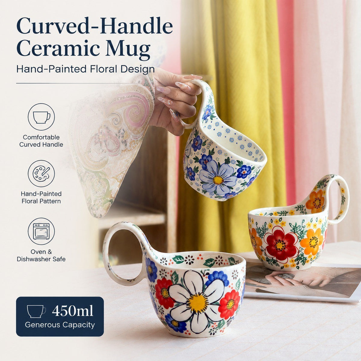 Curved-Handle Ceramic Mug, 450ml, Hand-Painted - detail 1