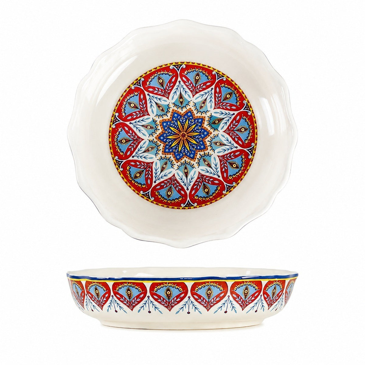 Auspicious Wheel Floral Underglaze Pottery Deep Plate - product view 1