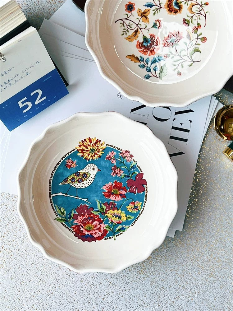 Auspicious Wheel Floral Underglaze Pottery Deep Plate - detail 3