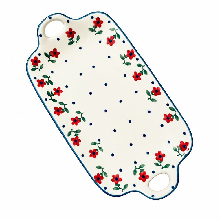Red Floral Two-Handled Plate, 12 Inch, 31 x 16.5 x 3 cm, Ceramic Serving Dish - product view 1