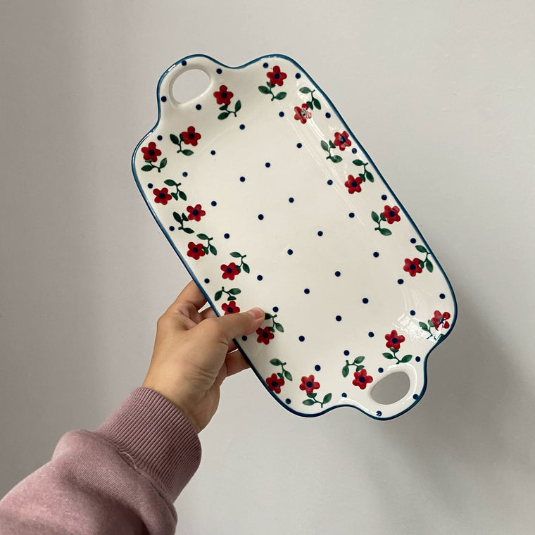 Red Floral Two-Handled Plate, 12 Inch, 31 x 16.5 x 3 cm, Ceramic Serving Dish - detail 1