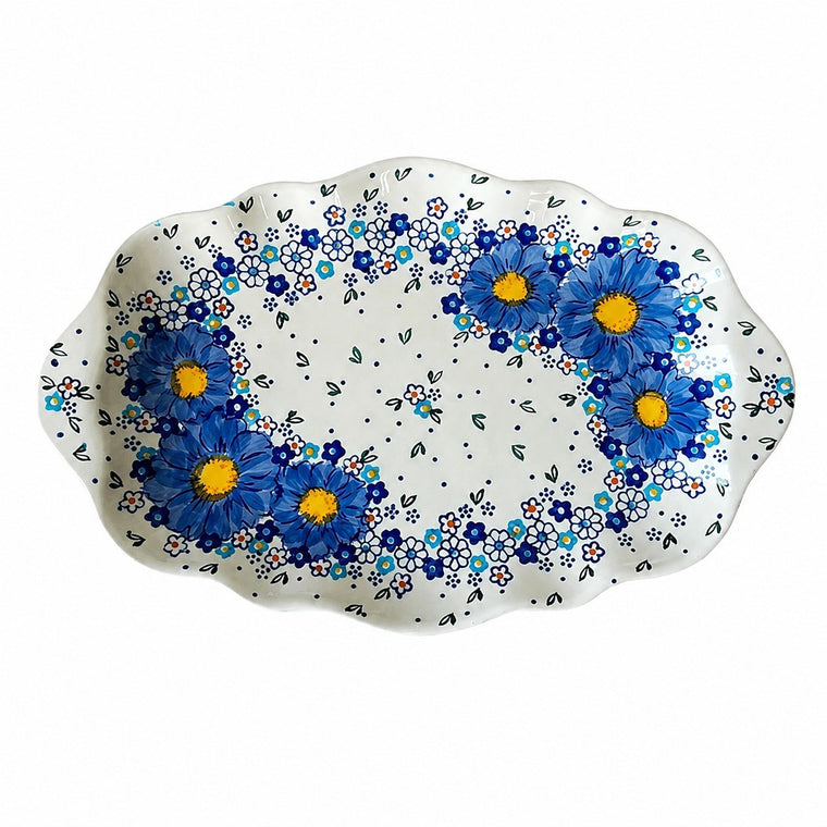 Painted Porcelain Forget-Me-Not Fish Plate, Scalloped 13 Inch, Hand-Painted Dinnerware - product view 2