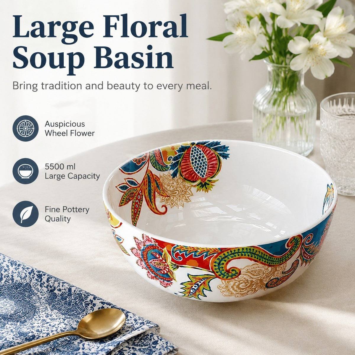 Large Floral Soup Basin, Fine Pottery Soup Bowl - detail 3