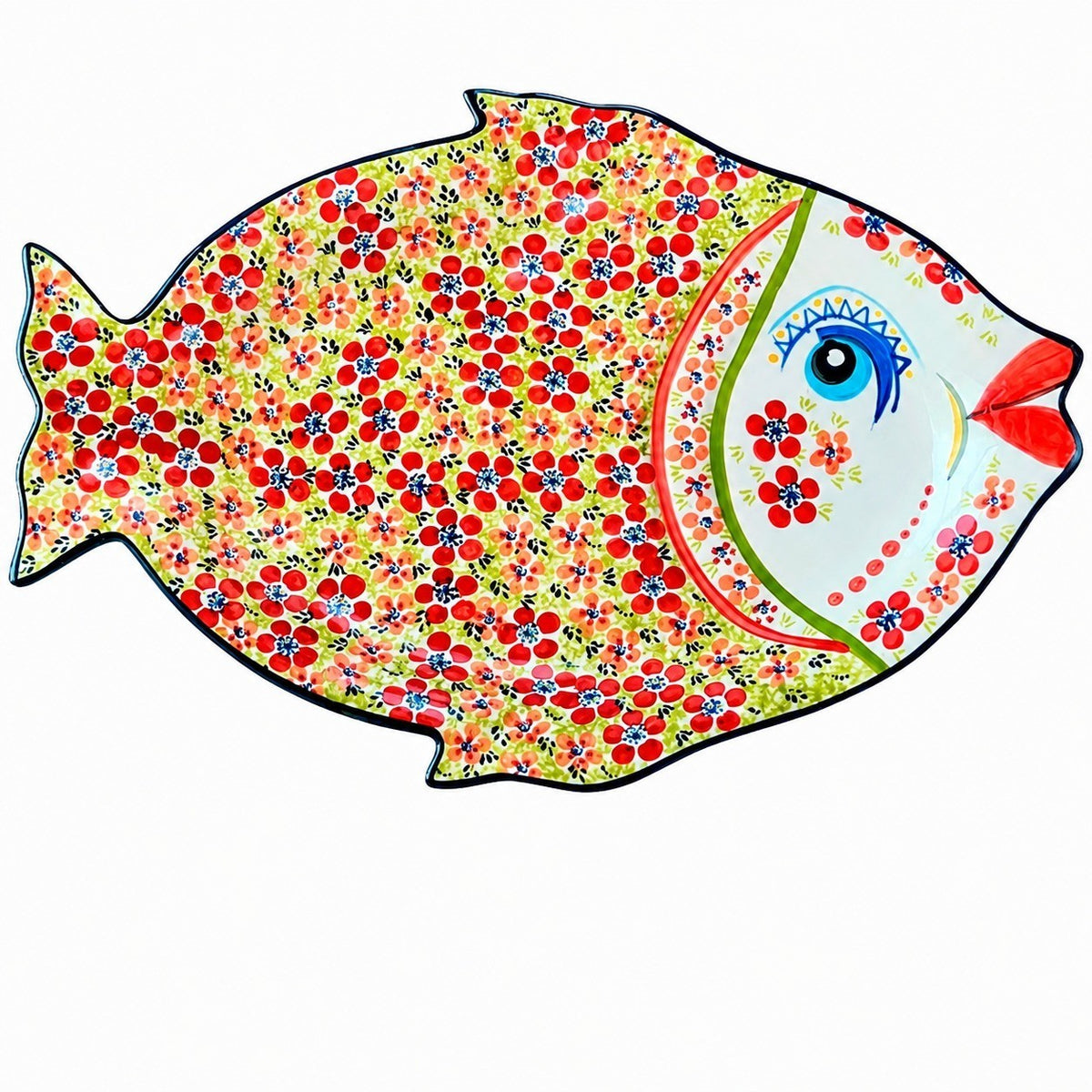 Extra-Large Fish-Shaped Ceramic Plate, Three-Color Floral, Hand-Painted - product view 1