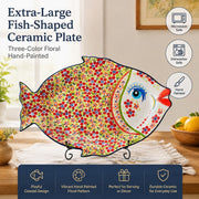 Extra-Large Fish-Shaped Ceramic Plate, Three-Color Floral, Hand-Painted - detail 2
