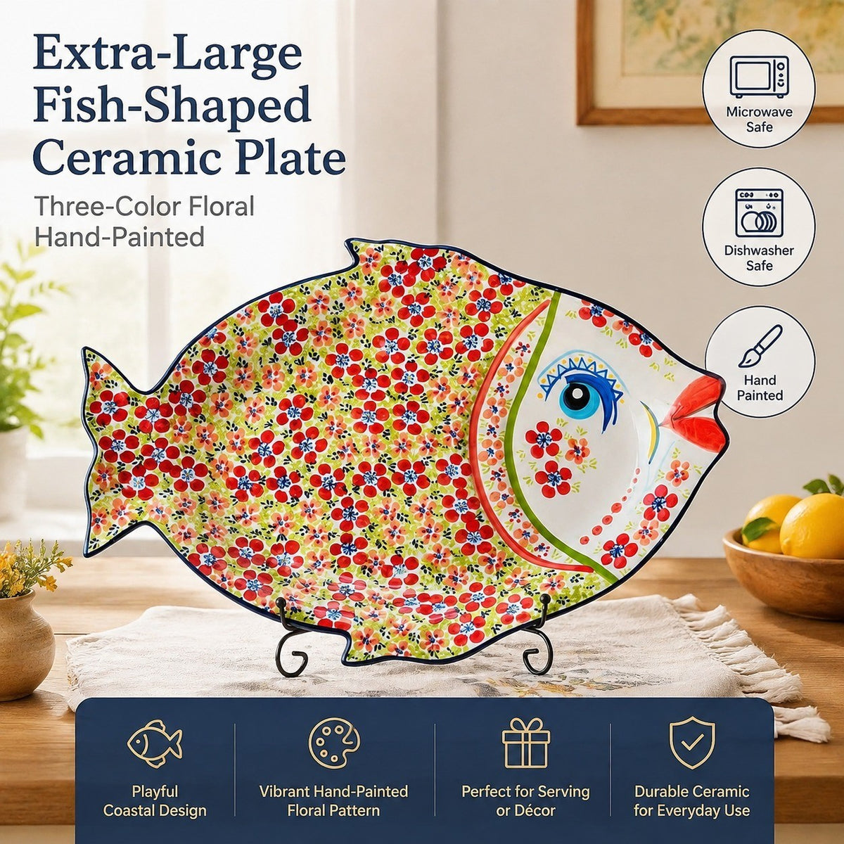 Extra-Large Fish-Shaped Ceramic Plate, Three-Color Floral, Hand-Painted - detail 2