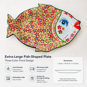 Extra-Large Fish-Shaped Ceramic Plate, Three-Color Floral, Hand-Painted - detail 1