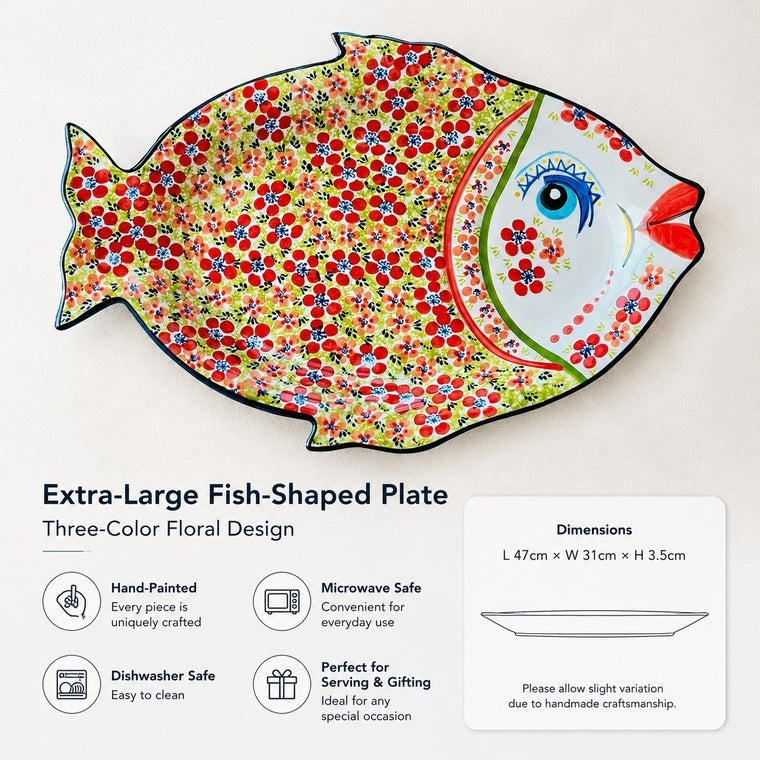 Extra-Large Fish-Shaped Ceramic Plate, Three-Color Floral, Hand-Painted - detail 1