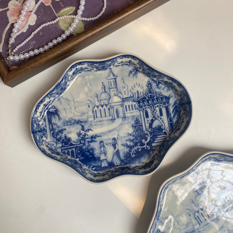 Vintage Blue and White Cloud Ceramic Plate, Decorative Dinnerware - detail 1