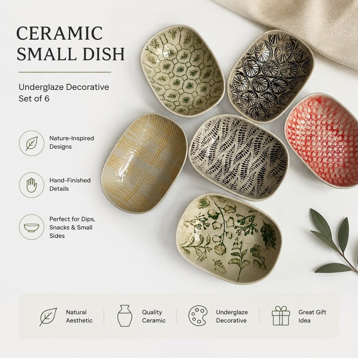 Ceramic Small Dish, 4-Piece Pack, Black Leaf Design, Underglaze Decorative - detail 3