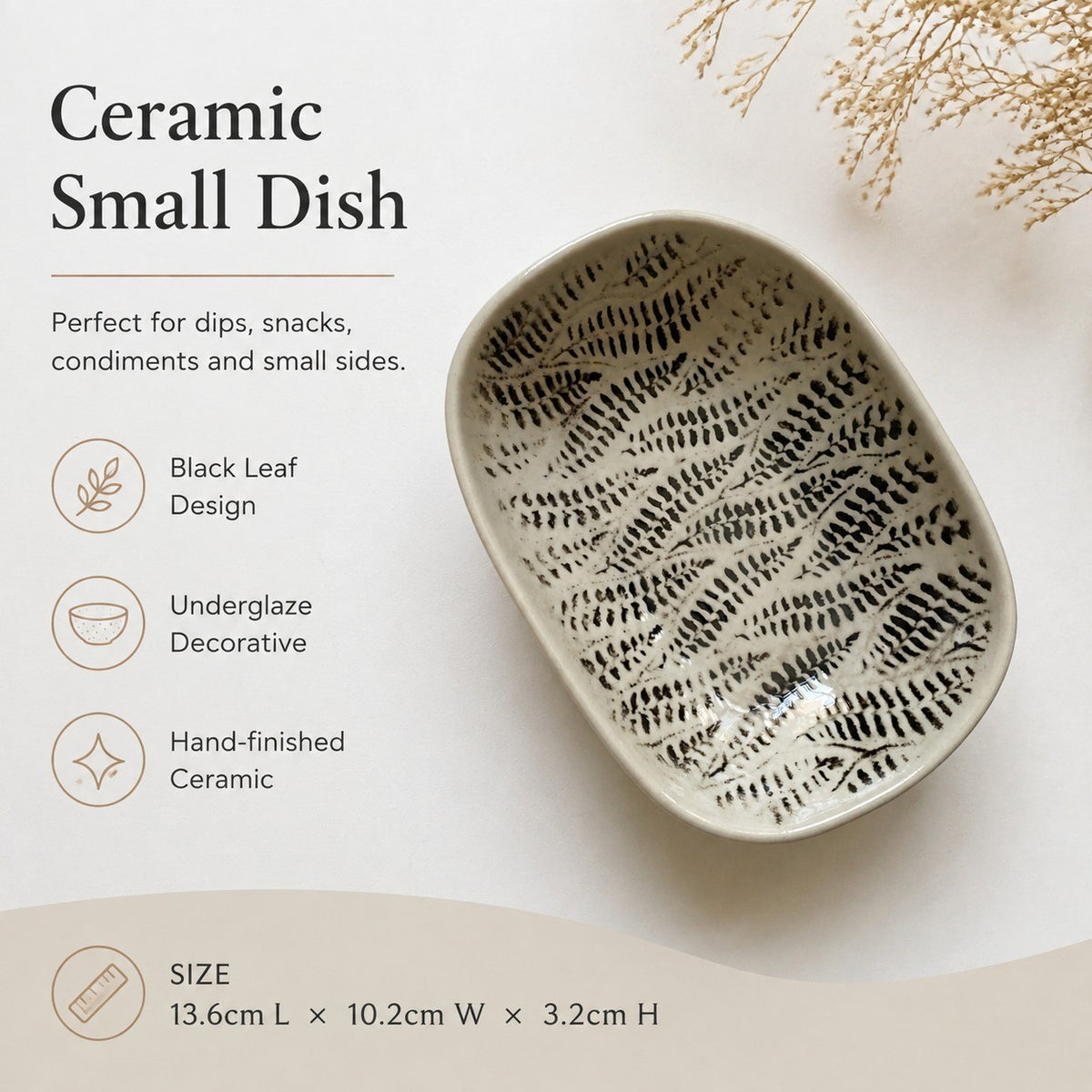 Ceramic Small Dish, 4-Piece Pack, Black Leaf Design, Underglaze Decorative - detail 1
