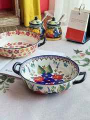 Large Ceramic Soup Bowl with Double Handles, Spring Welcome Design - detail 1