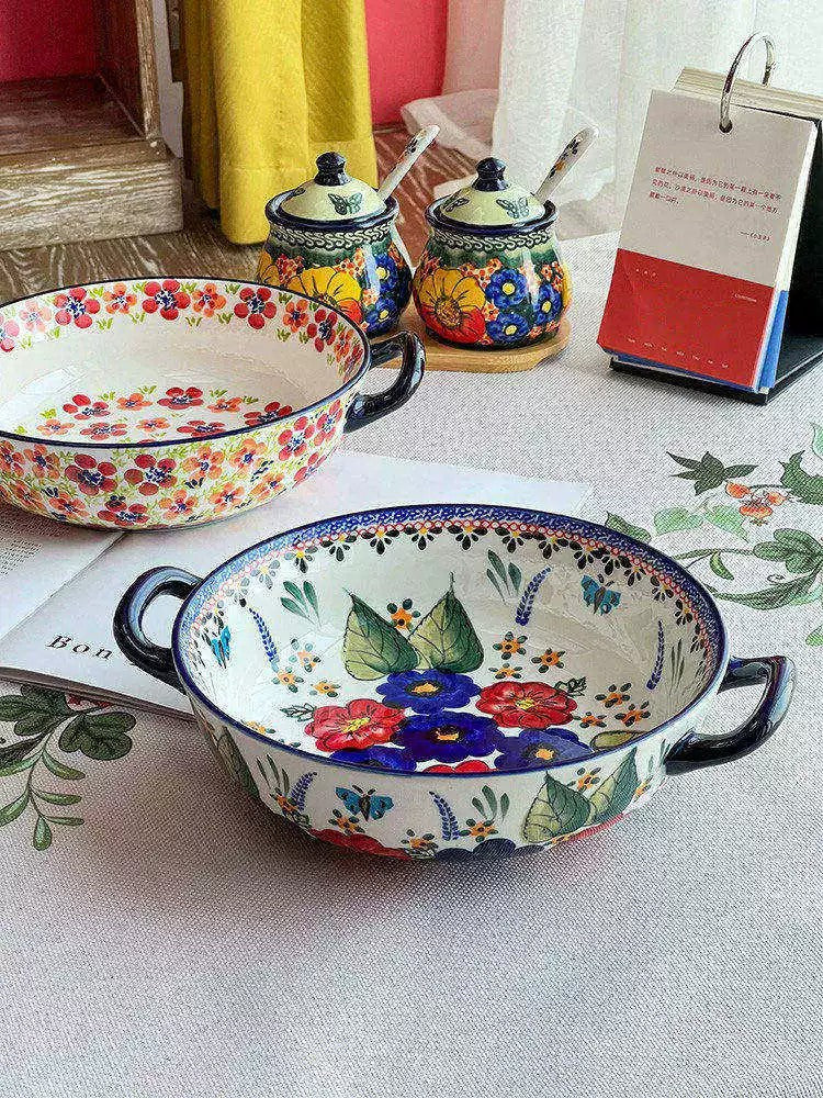 Large Ceramic Soup Bowl with Double Handles, Spring Welcome Design - detail 1