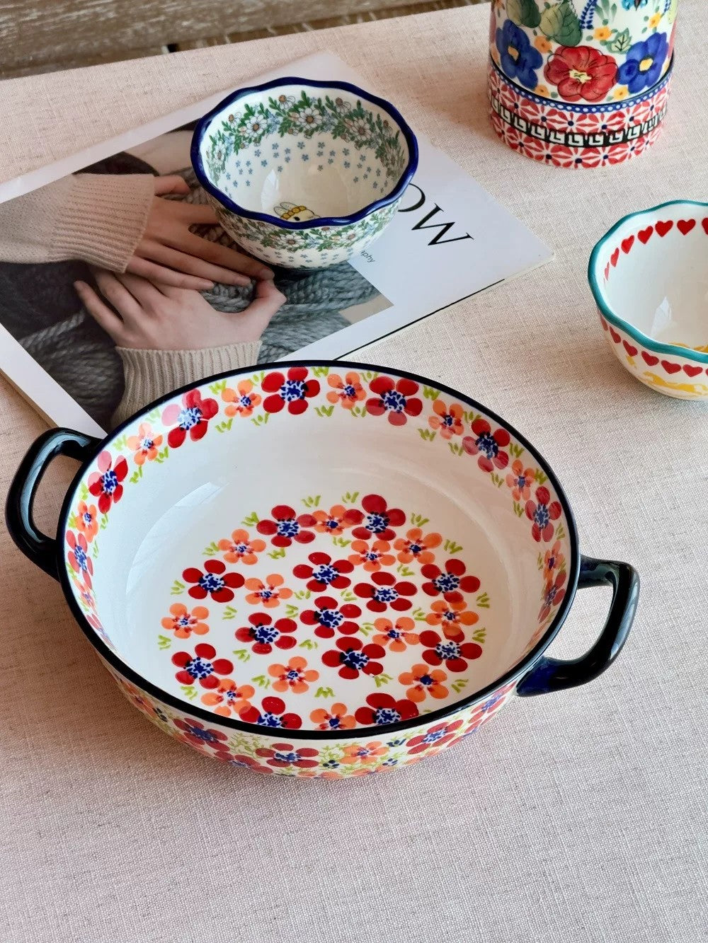 Large Ceramic Soup Bowl with Double Handles, Spring Welcome Design - detail 2