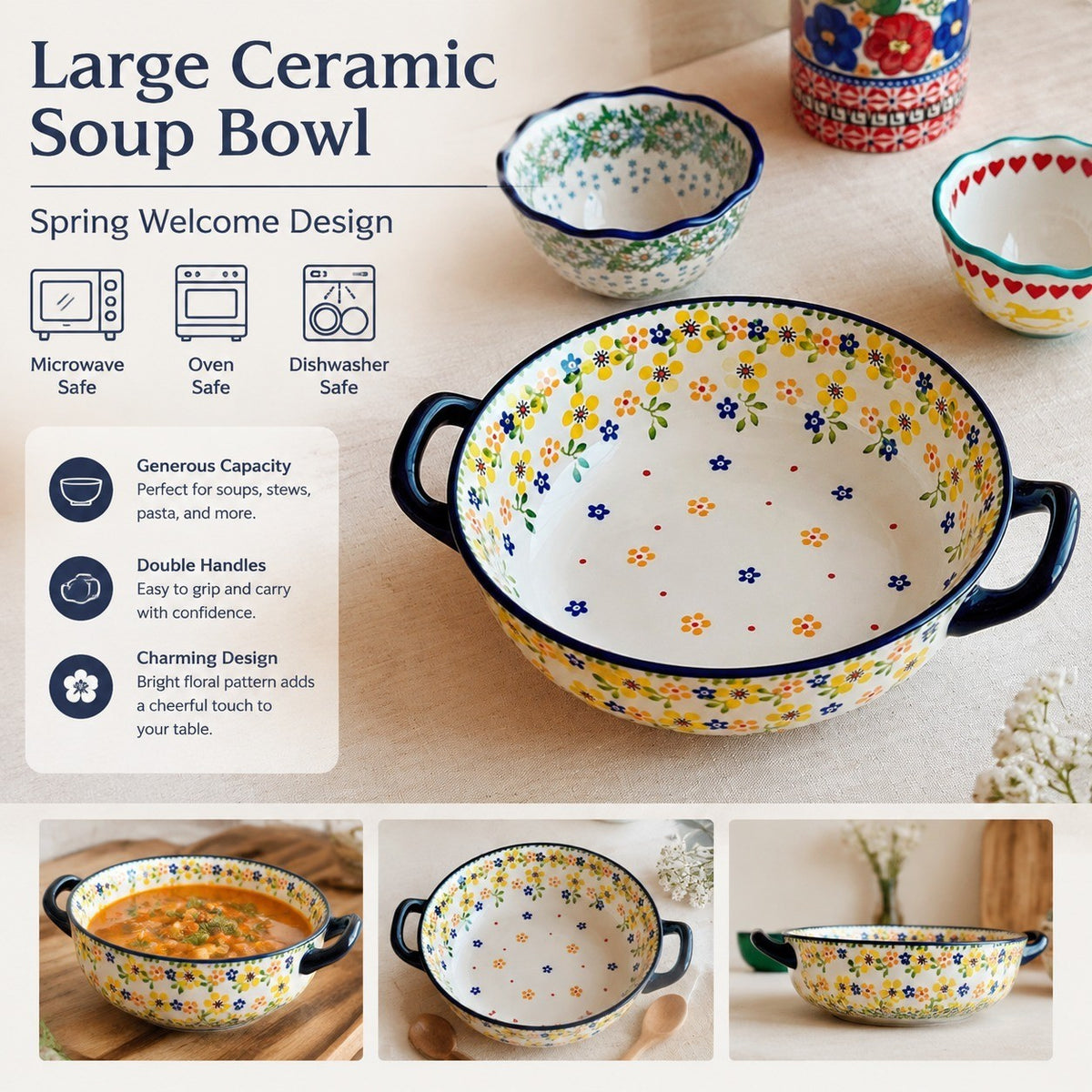 Large Ceramic Soup Bowl with Double Handles, Spring Welcome Design - detail 3