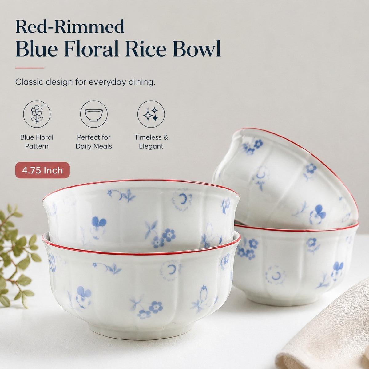 Red-Rimmed Blue Floral Rice Bowl, V Style, 4.75 Inch - detail 2
