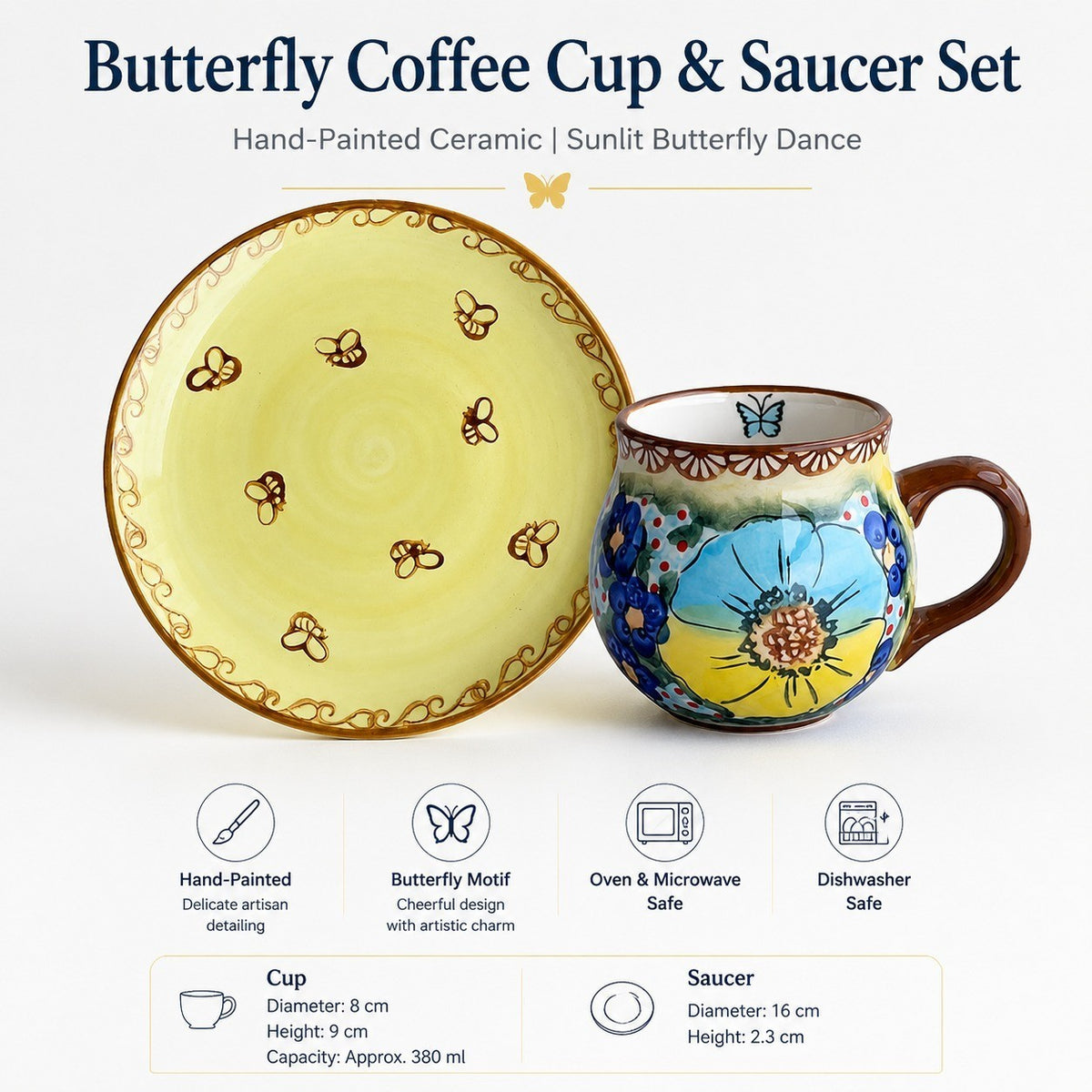 Butterfly Coffee Cup and Saucer Set, Large Saucer, Ceramic - detail 1