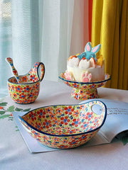 Footed Plate & Large Cup Set, Three-Color Floral, Hand-Painted - detail 1