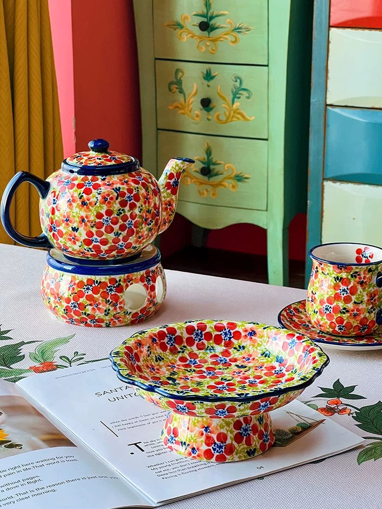 Footed Plate & Large Cup Set, Three-Color Floral, Hand-Painted - detail 3