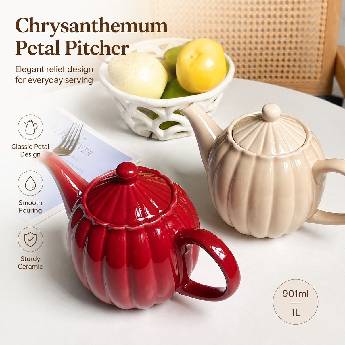 Ceramic Pitcher, Chrysanthemum Petal Relief, 901ml-1L, Nude - detail 1