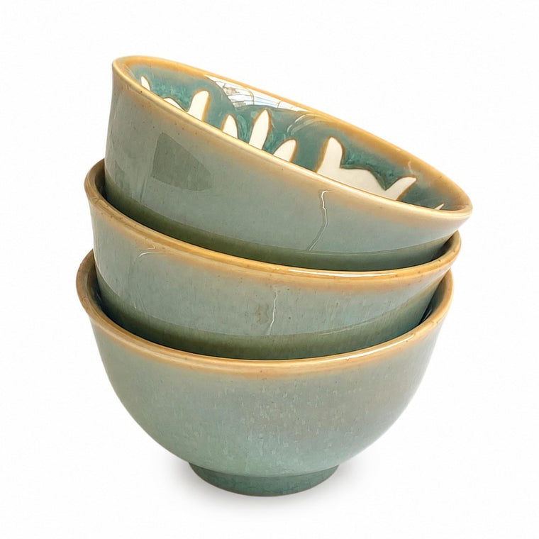 Six-Petal Green Ceramic Bowl, Hand-Painted Underglaze - product view 2