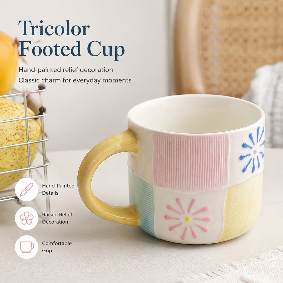 Tricolor Straight-Sided Breakfast Mug, Hand-Painted Relief Decoration - detail 3