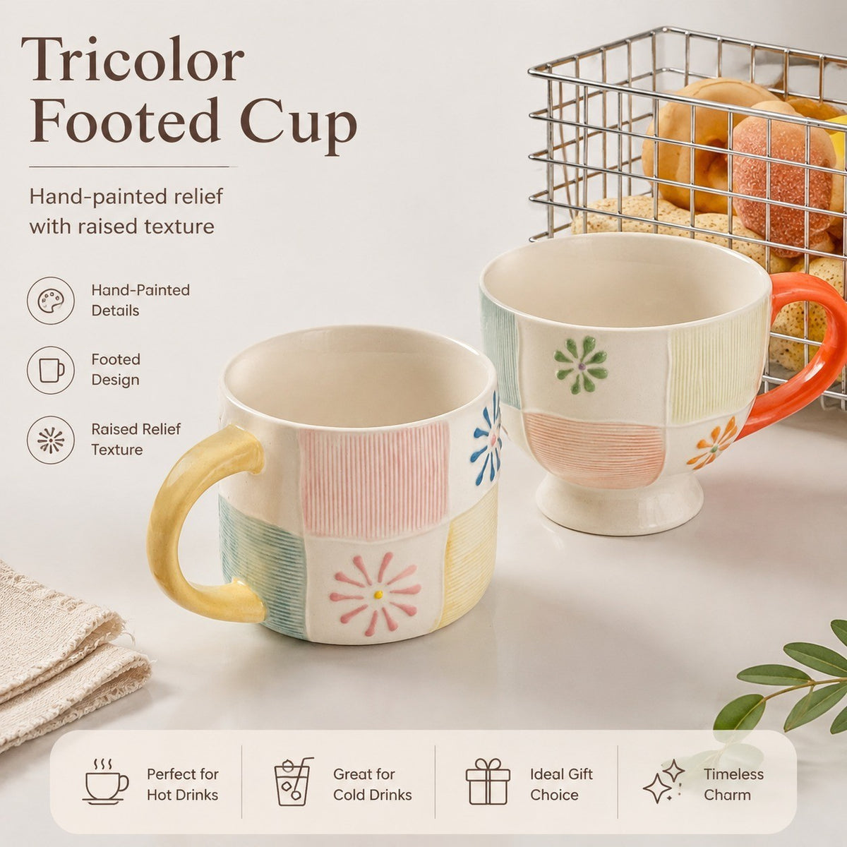 Tricolor Straight-Sided Breakfast Mug, Hand-Painted Relief Decoration - detail 2