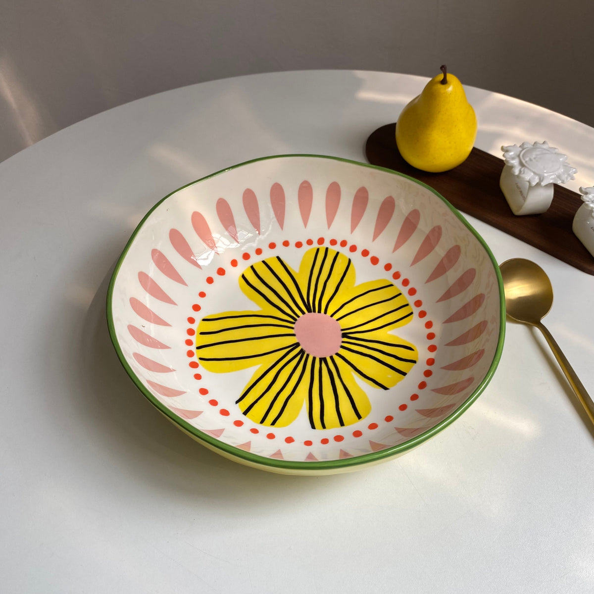 Irregular Yellow Floral Soup Bowl, Large 10 Inch, Underglaze Ceramic - detail 1