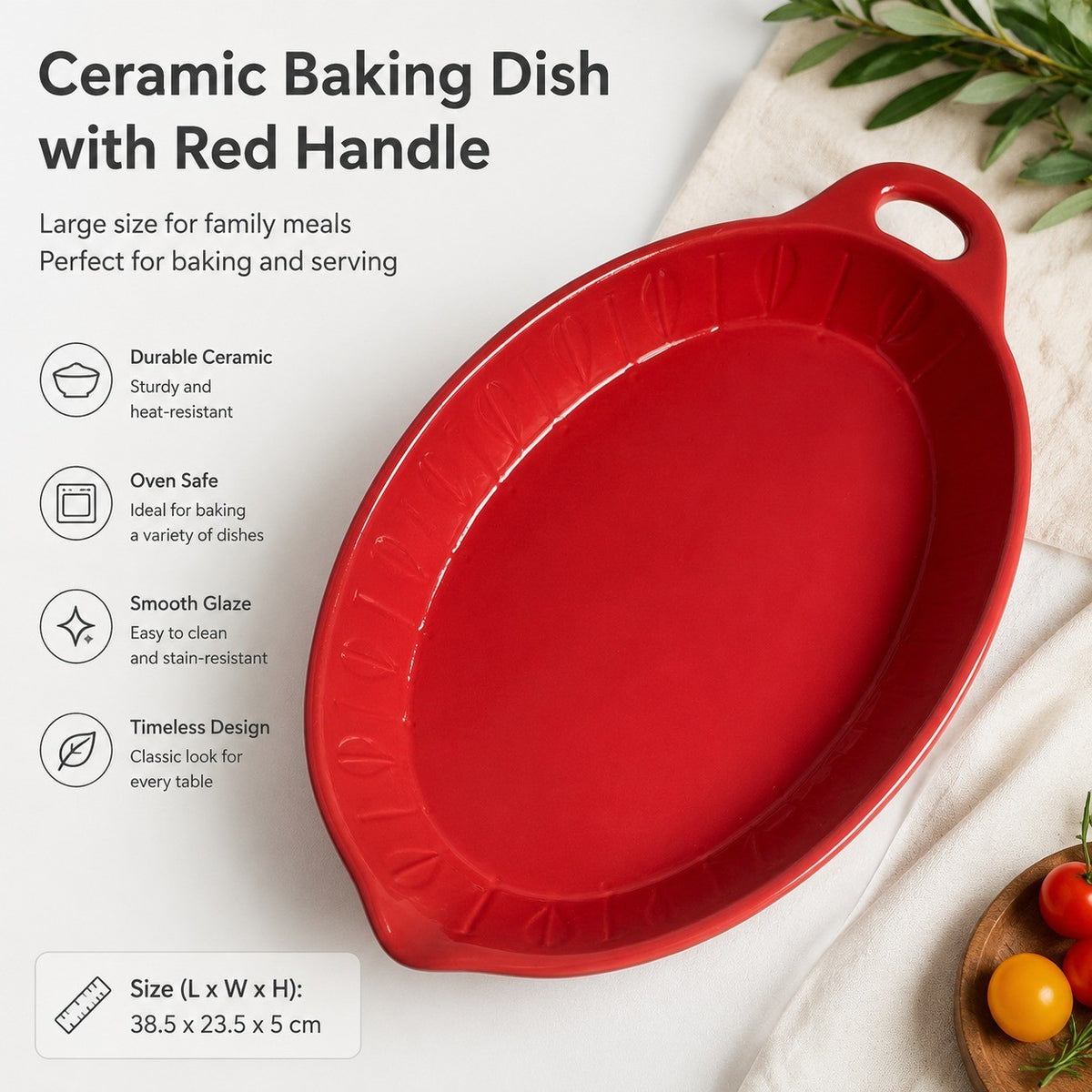 Ceramic Baking Dish with Red Handle, 38.5 x 23.5 x 5 cm, Large, Underglaze Decoration - detail 2