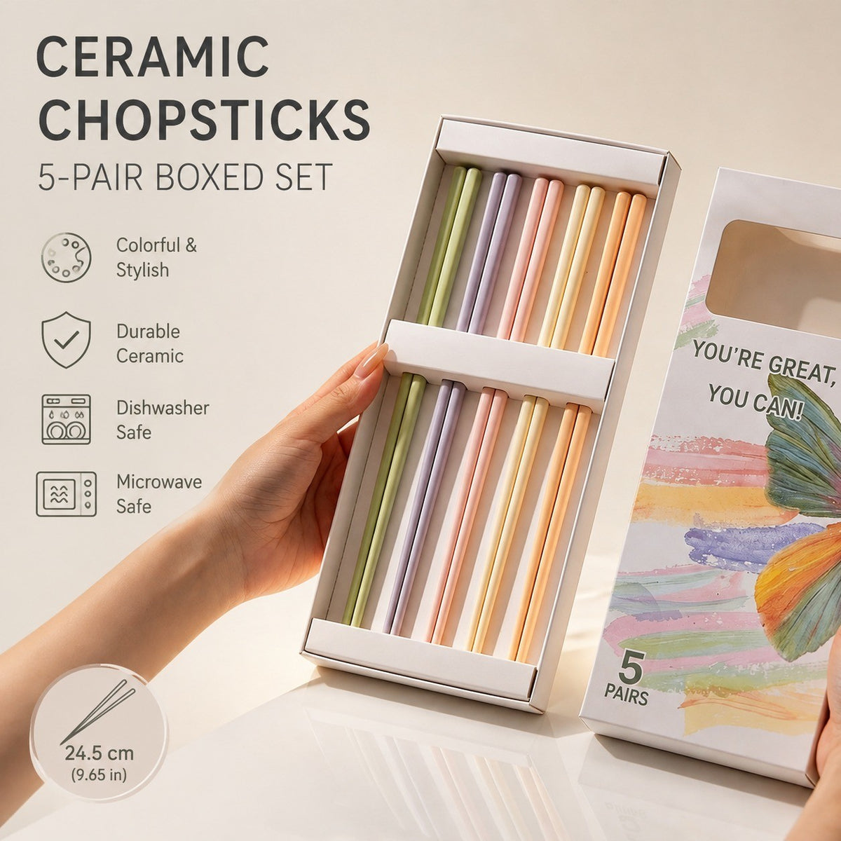Ceramic Chopsticks 5-Pair Boxed Set, Colorful, 24.5 cm Dining Utensils - detail 1