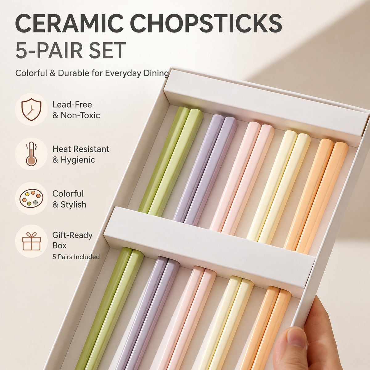 Ceramic Chopsticks 5-Pair Boxed Set, Colorful, 24.5 cm Dining Utensils - detail 3