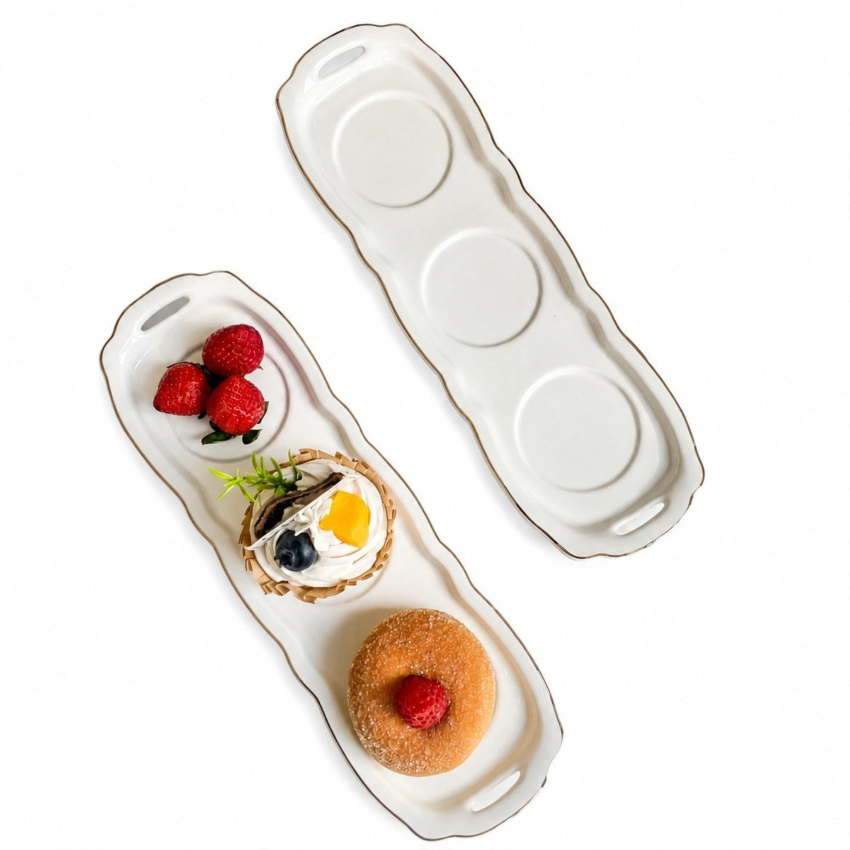 Gold-Trimmed Three-Compartment Long Platter, Serving Tray for Appetizers & Snacks - product view 1