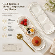 Gold-Trimmed Three-Compartment Long Platter, Serving Tray for Appetizers & Snacks - detail 1