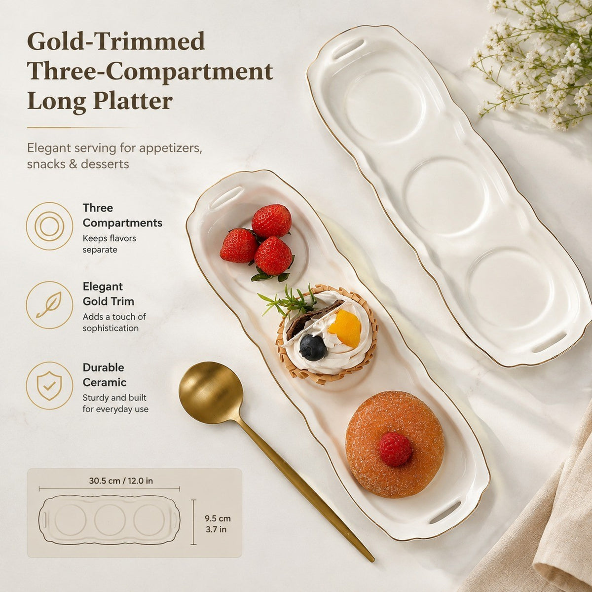 Gold-Trimmed Three-Compartment Long Platter, Serving Tray for Appetizers & Snacks - detail 1