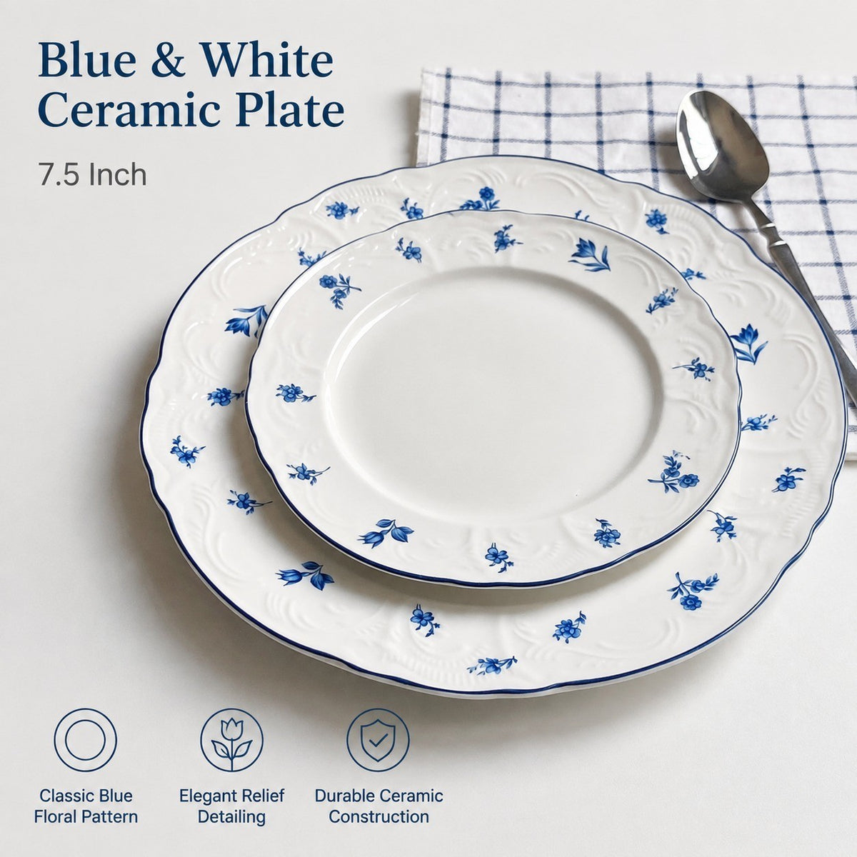 Small Blue and White Ceramic Plate, 7.5 Inch, Relief Detailing - detail 2