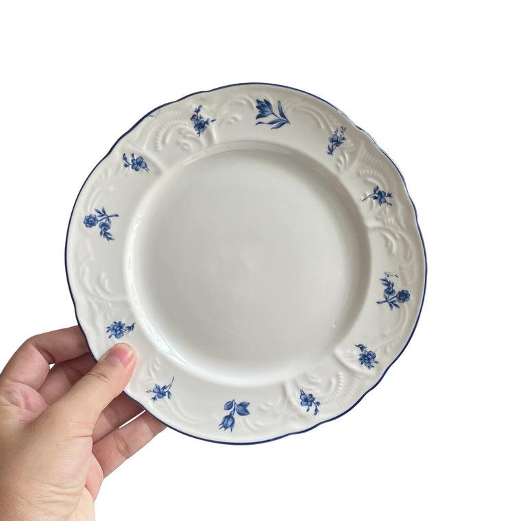 Small Blue and White Ceramic Plate, 7.5 Inch, Relief Detailing - product view 1