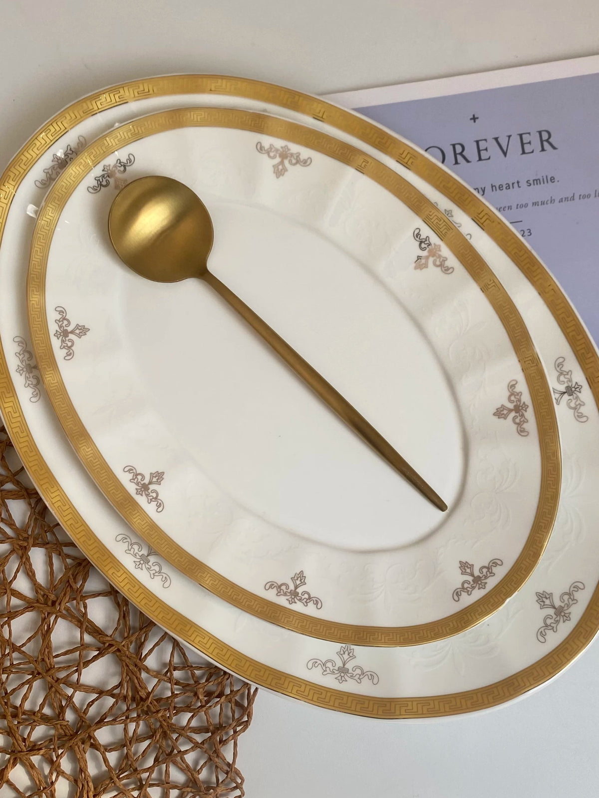Gold-Rimmed Fish Platter, Meander Pattern, 14 Inch, Ceramic Serving Dish - detail 2