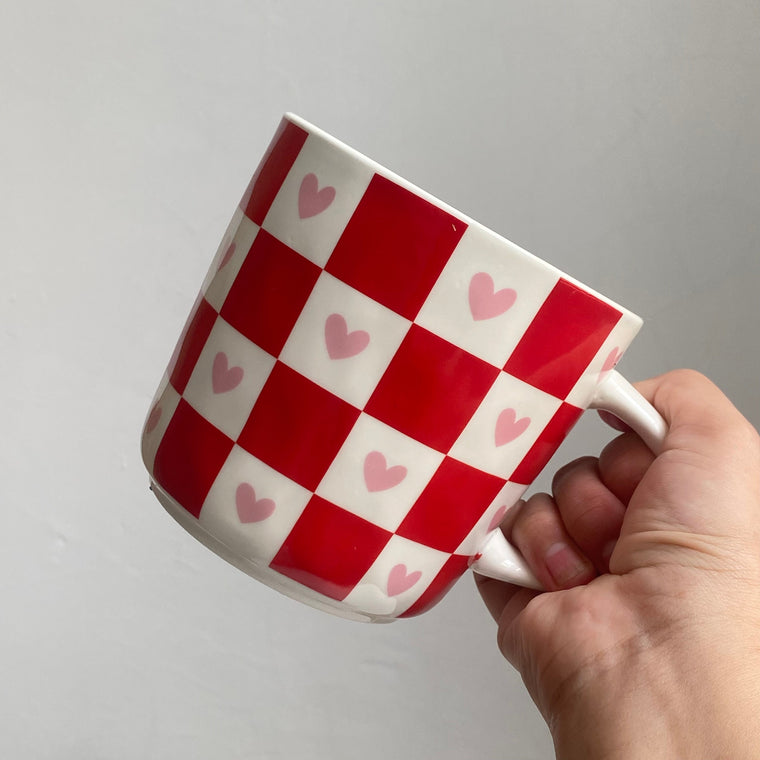 Heart Checkerboard Red 600 ml Cup, Ceramic Coffee Mug - detail 1