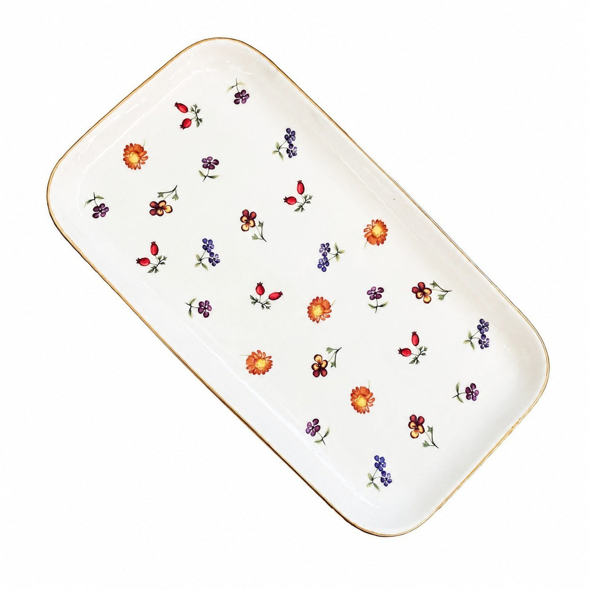 Small Floral Gold-Rimmed Rectangular 12 Inch Plate, Decorative Dinnerware - product view 1