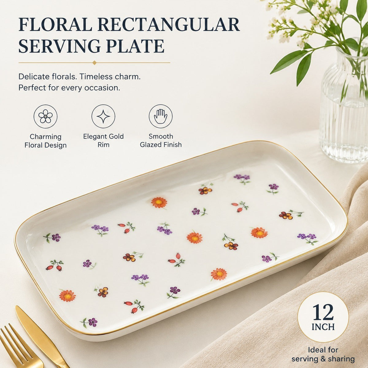 Small Floral Gold-Rimmed Rectangular 12 Inch Plate, Decorative Dinnerware - detail 1