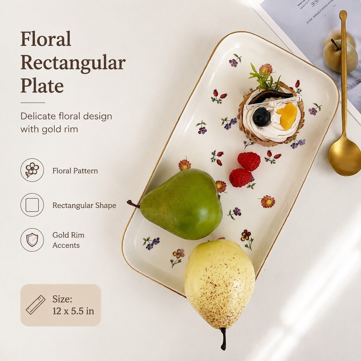 Small Floral Gold-Rimmed Rectangular 12 Inch Plate, Decorative Dinnerware - detail 3